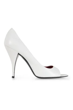 White leather open-toe high heeled pumps