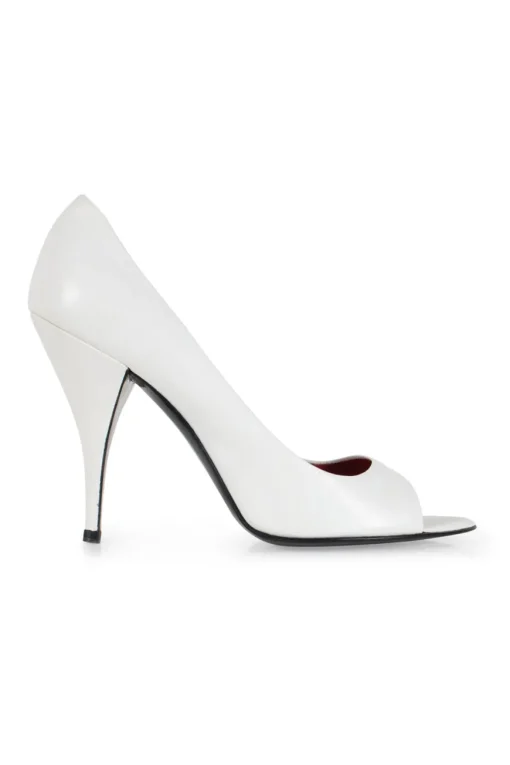 White leather open-toe high heeled pumps