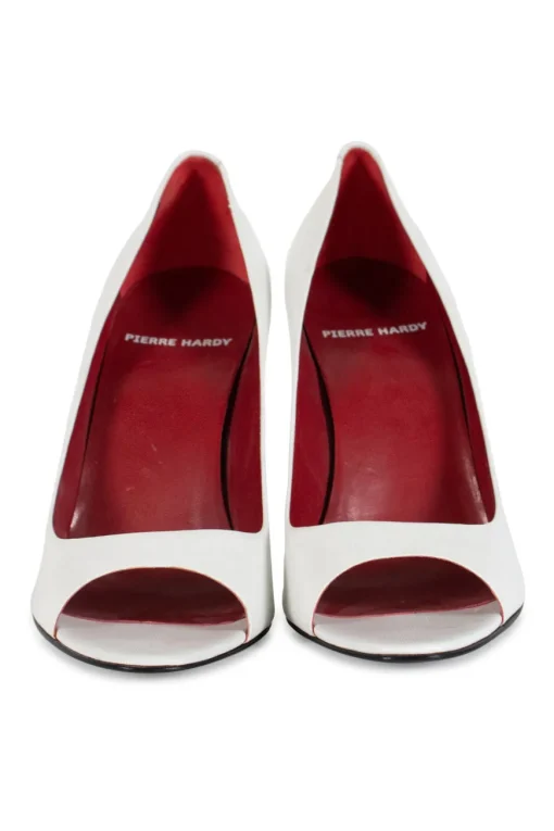 White leather open-toe high heeled pumps
