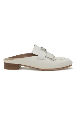 White leather Rivoli slip-on mules featuring palladium-plated H vamp buckle appliqué