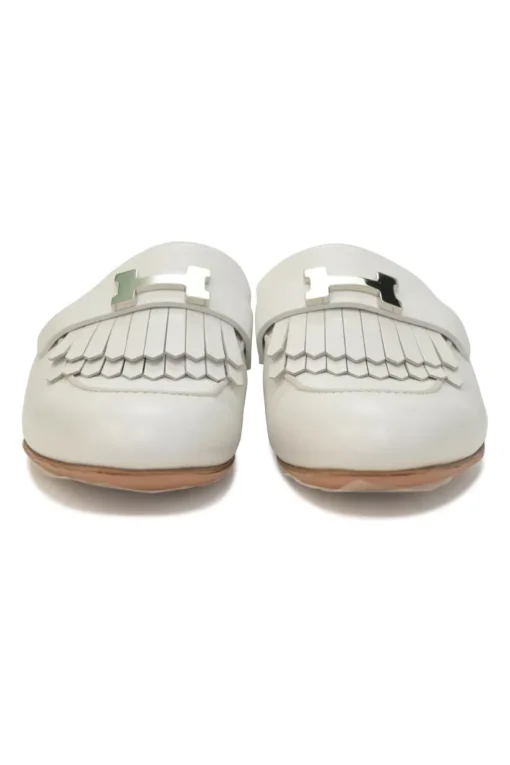 White leather Rivoli slip-on mules featuring palladium-plated H vamp buckle appliqué