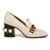 White leather square-toe GG Web Peyton mid-heel loafers with faux-pearl embellished heels