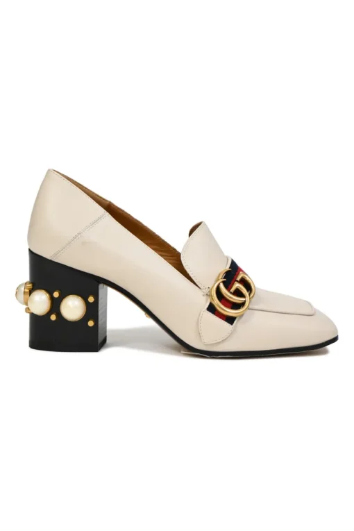 White leather square-toe GG Web Peyton mid-heel loafers with faux-pearl embellished heels