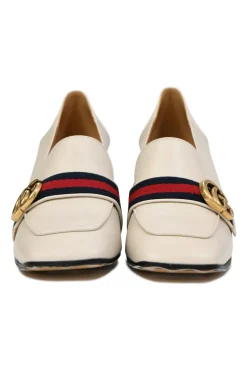 White leather square-toe GG Web Peyton mid-heel loafers with faux-pearl embellished heels