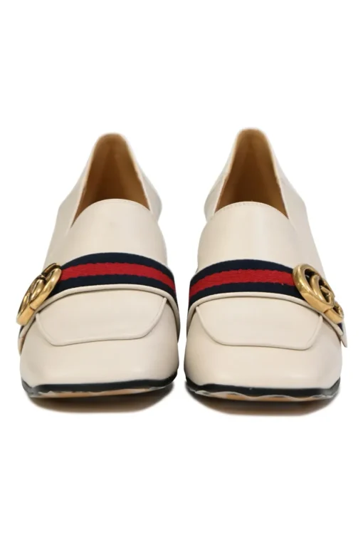 White leather square-toe GG Web Peyton mid-heel loafers with faux-pearl embellished heels