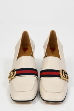 White leather square-toe GG Web Peyton mid-heel loafers with faux-pearl embellished heels