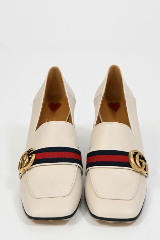 White leather square-toe GG Web Peyton mid-heel loafers with faux-pearl embellished heels