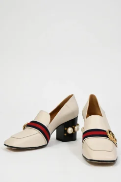 White leather square-toe GG Web Peyton mid-heel loafers with faux-pearl embellished heels