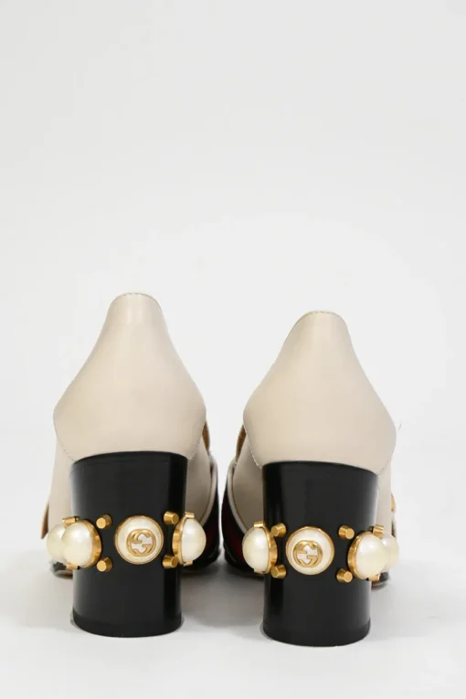 White leather square-toe GG Web Peyton mid-heel loafers with faux-pearl embellished heels