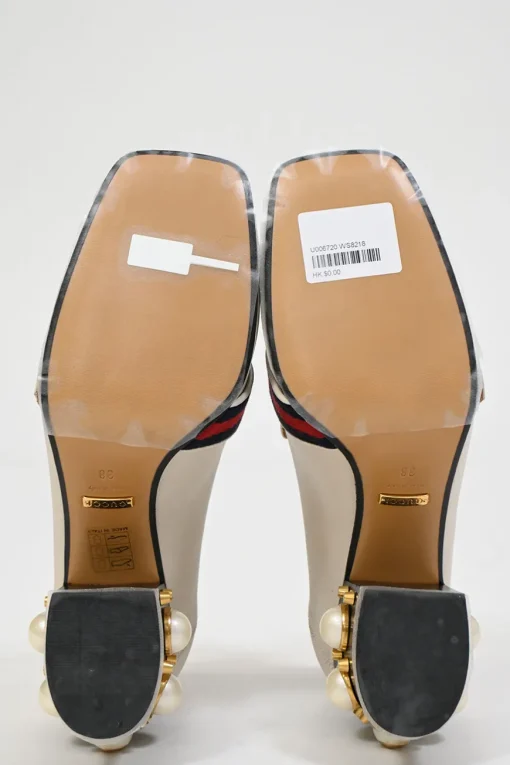 White leather square-toe GG Web Peyton mid-heel loafers with faux-pearl embellished heels