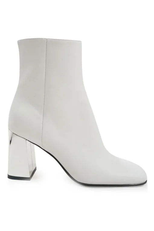 White leather square-toe zip-up ankle booties with mirrored block heel