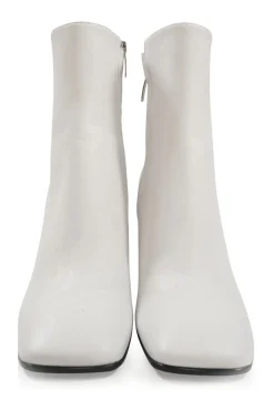 White leather square-toe zip-up ankle booties with mirrored block heel