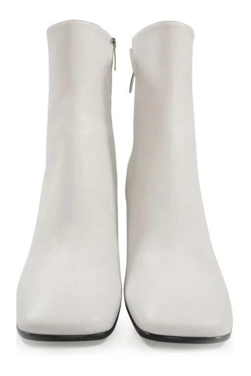 White leather square-toe zip-up ankle booties with mirrored block heel