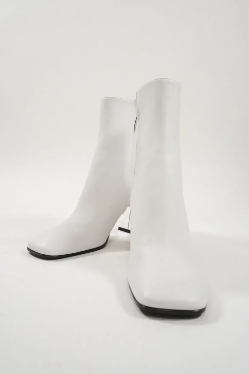 White leather square-toe zip-up ankle booties with mirrored block heel