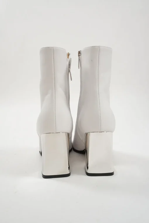 White leather square-toe zip-up ankle booties with mirrored block heel