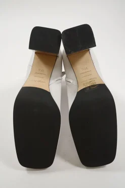 White leather square-toe zip-up ankle booties with mirrored block heel