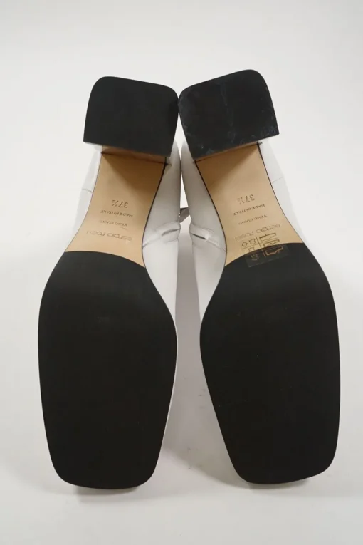 White leather square-toe zip-up ankle booties with mirrored block heel