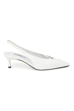 White leather V-neck slingback court pumps
