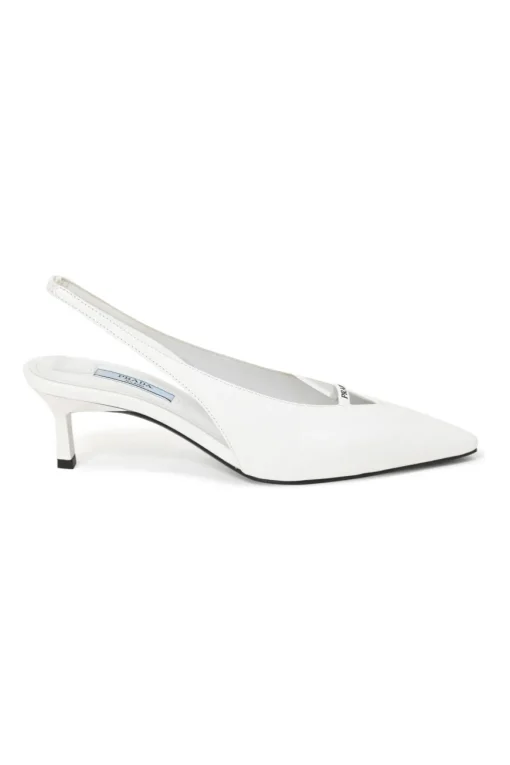 White leather V-neck slingback court pumps