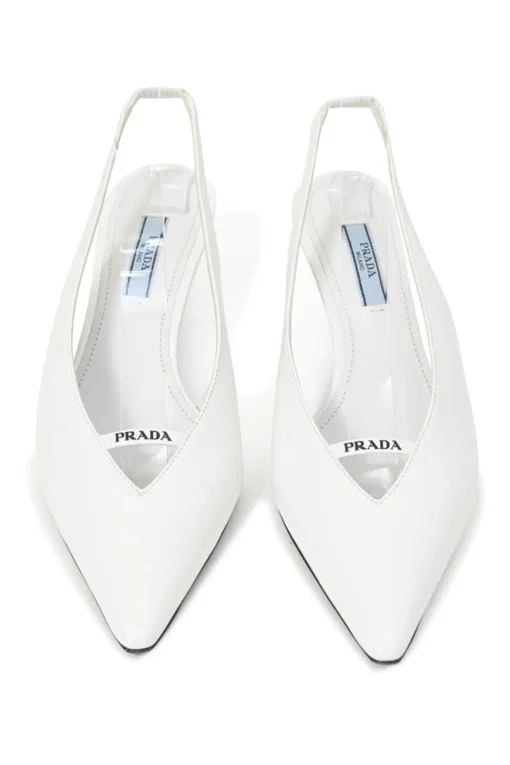 White leather V-neck slingback court pumps