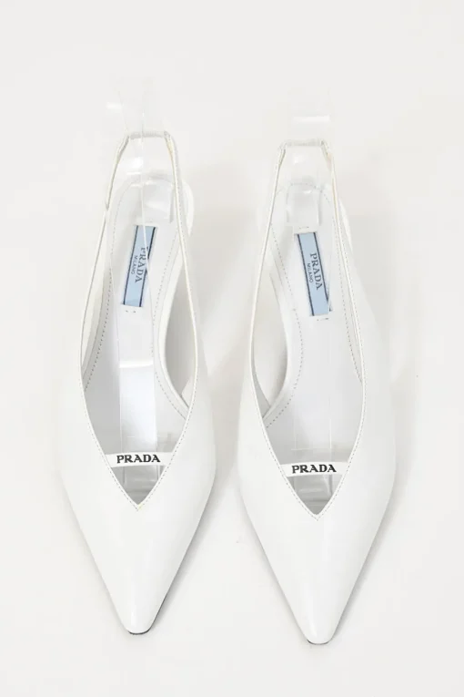White leather V-neck slingback court pumps