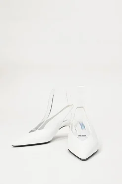 White leather V-neck slingback court pumps