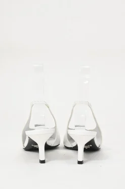 White leather V-neck slingback court pumps