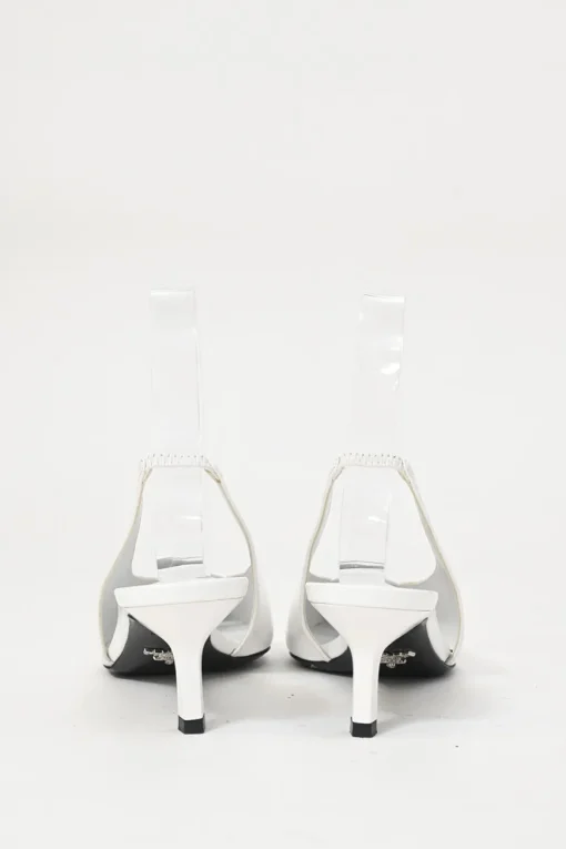 White leather V-neck slingback court pumps