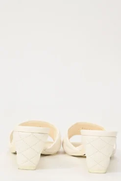 White matelassé goatskin leather and rubber cone heel slide sandals with gold-finish Coco Mark vamp appliqué