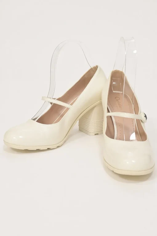 White polished calfskin and rubber D-Doll block heel Mary Jane pumps