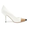 White polished calfskin pointed toe pumps with contrast bandage-style cap toe