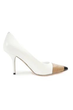 White polished calfskin pointed toe pumps with contrast bandage-style cap toe