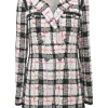White polyamide-blend bouclé tweed double breasted notch lapel tailored romper