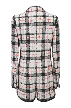 White polyamide-blend bouclé tweed double breasted notch lapel tailored romper