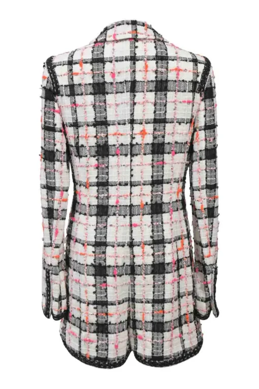 White polyamide-blend bouclé tweed double breasted notch lapel tailored romper