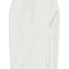 White polyester-blend wrap-effect slit pencil skirt with button-loop show button appliqué