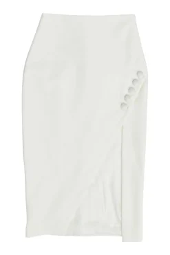 White polyester-blend wrap-effect slit pencil skirt with button-loop show button appliqué