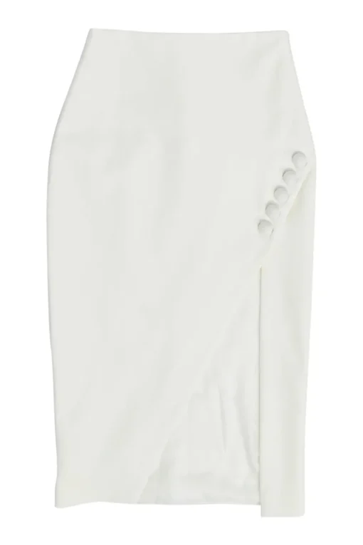 White polyester-blend wrap-effect slit pencil skirt with button-loop show button appliqué
