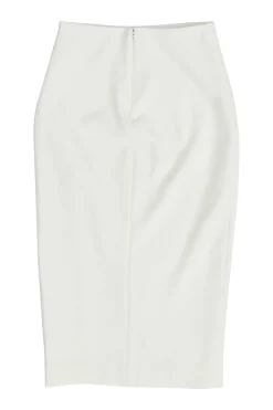 White polyester-blend wrap-effect slit pencil skirt with button-loop show button appliqué