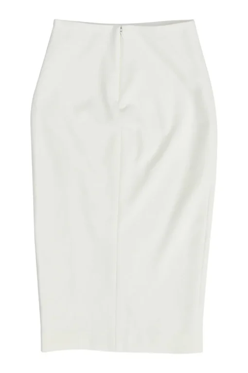 White polyester-blend wrap-effect slit pencil skirt with button-loop show button appliqué