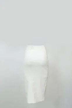 White polyester-blend wrap-effect slit pencil skirt with button-loop show button appliqué