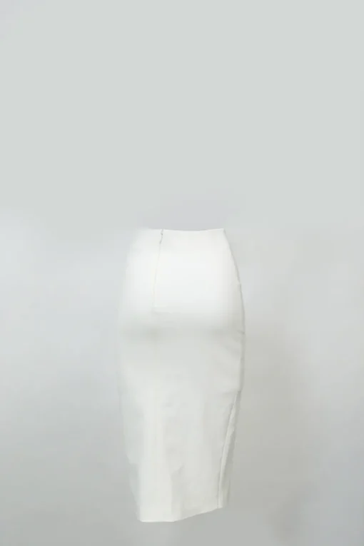White polyester-blend wrap-effect slit pencil skirt with button-loop show button appliqué