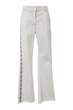 White raw-edge cotton-blend denim high-rise wide-leg jeans with floral-embroidered side seam