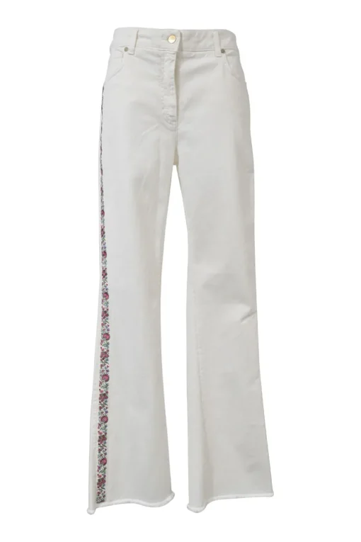 White raw-edge cotton-blend denim high-rise wide-leg jeans with floral-embroidered side seam