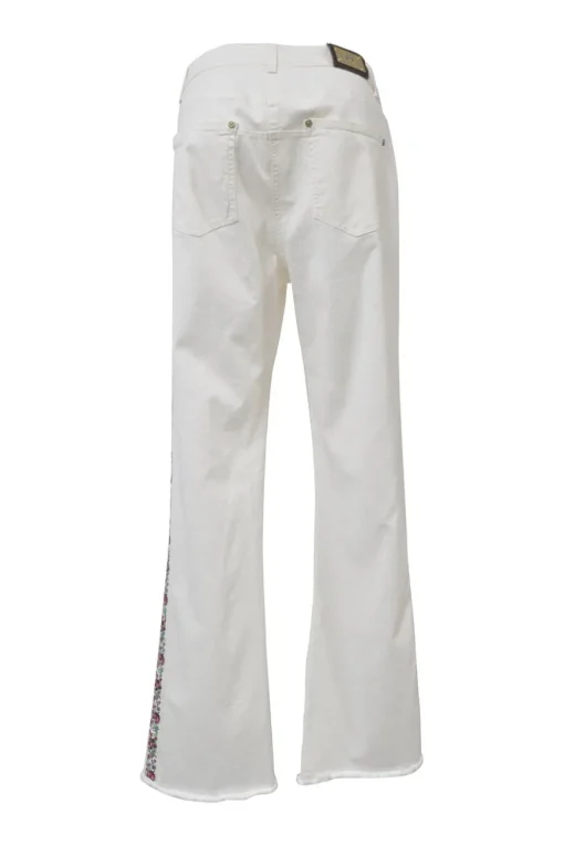 White raw-edge cotton-blend denim high-rise wide-leg jeans with floral-embroidered side seam