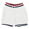 White rayon-blend French terry pull-on track shorts with tri-colour drawstring waistband
