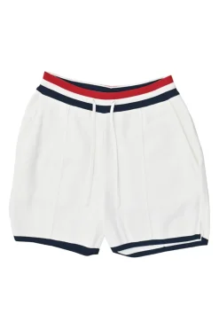 White rayon-blend French terry pull-on track shorts with tri-colour drawstring waistband