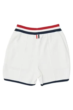 White rayon-blend French terry pull-on track shorts with tri-colour drawstring waistband