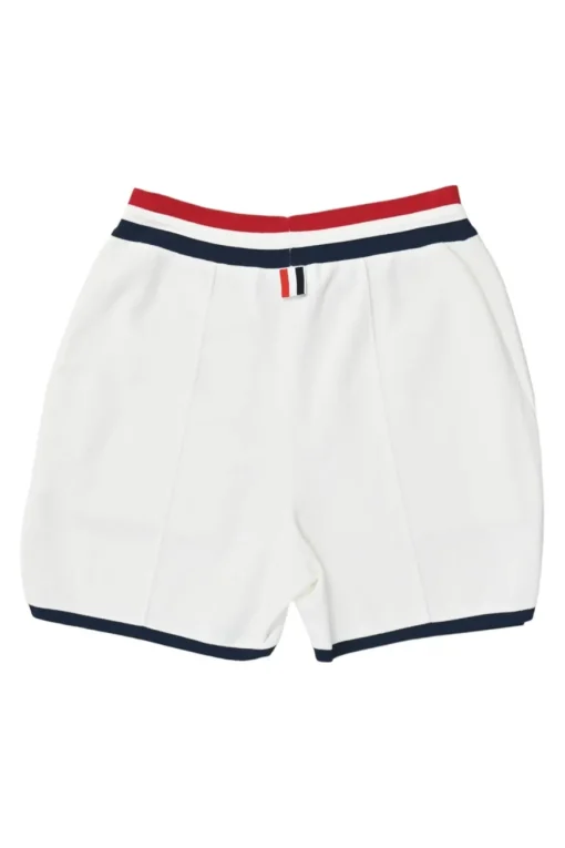 White rayon-blend French terry pull-on track shorts with tri-colour drawstring waistband