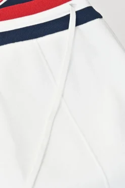 White rayon-blend French terry pull-on track shorts with tri-colour drawstring waistband